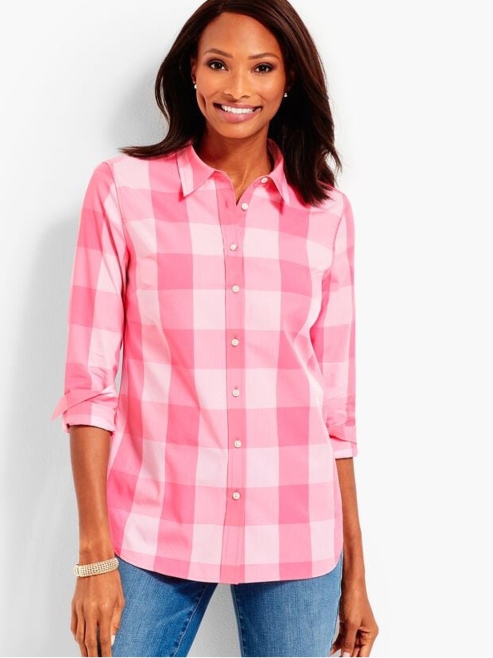 Talbots Pink White Buffalo Bicolor-Check Button Front Shirt Cotton Large NWT